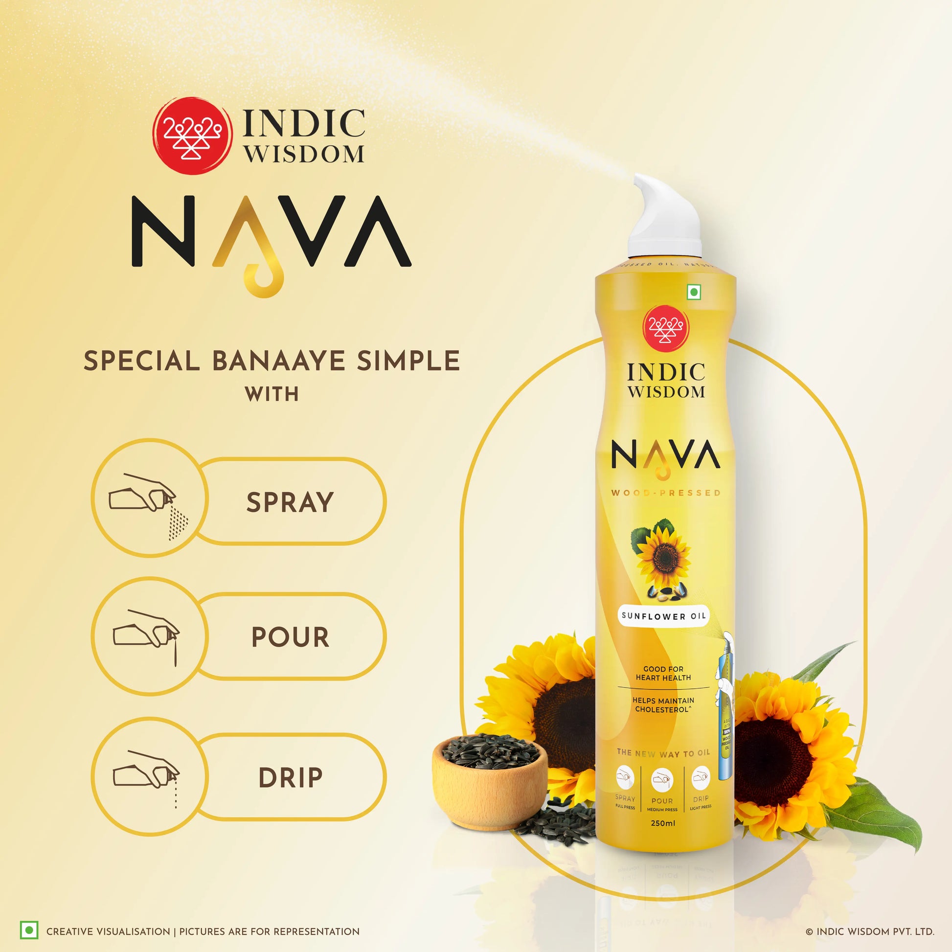 Indic Wisdom NAVA Cold Pressed Sunflower Oil Spray (Cooking Oil Spray) (No Aerosol/ CFCs/ Preservatives) (Extracted on Wooden Churner) - 250 ml