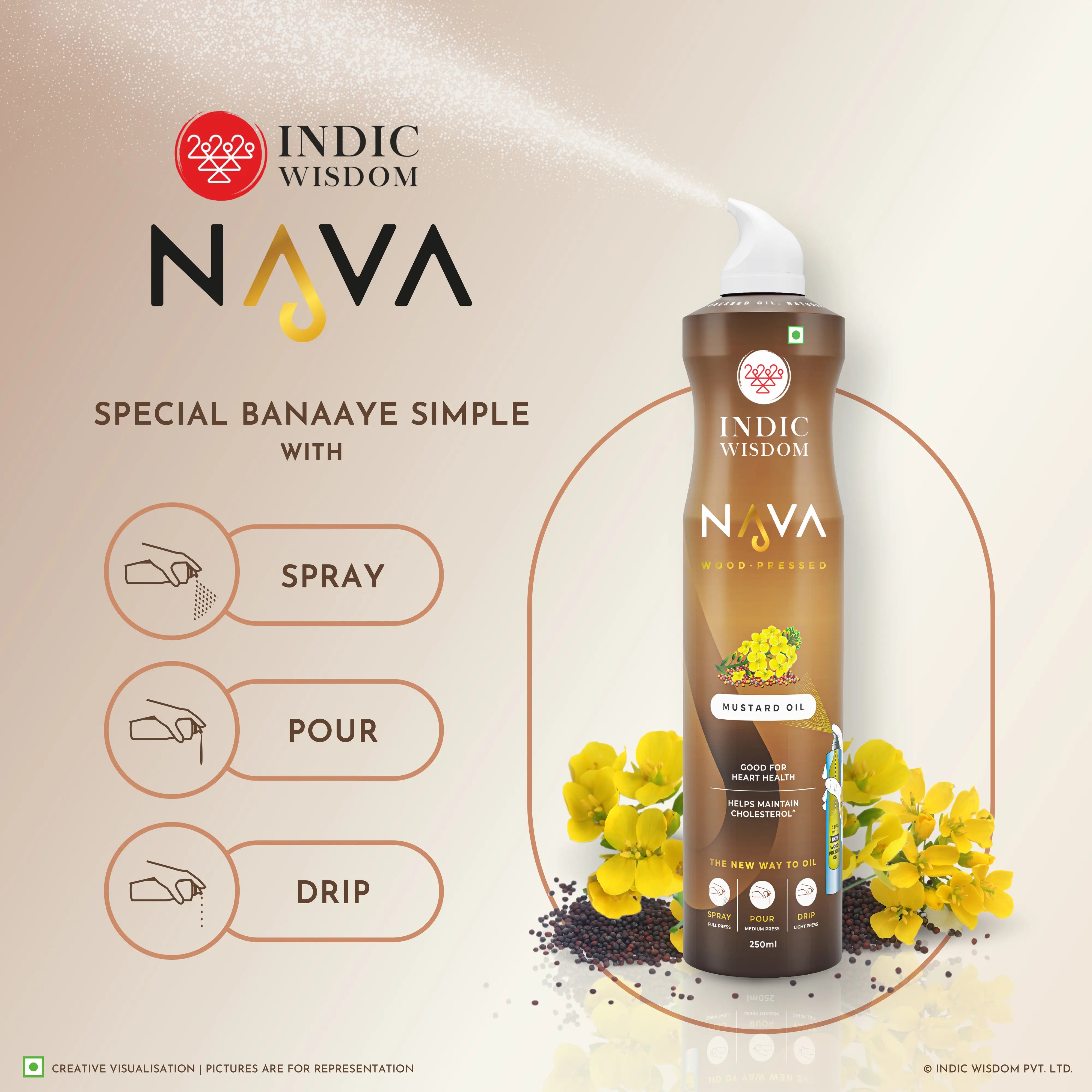 Image of Indic Wisdom NAVA Cold Pressed Mustard Oil Spray (Cooking Oil Spray) (No Aerosol/ CFCs/ Preservatives) (Extracted on Wooden Churner)