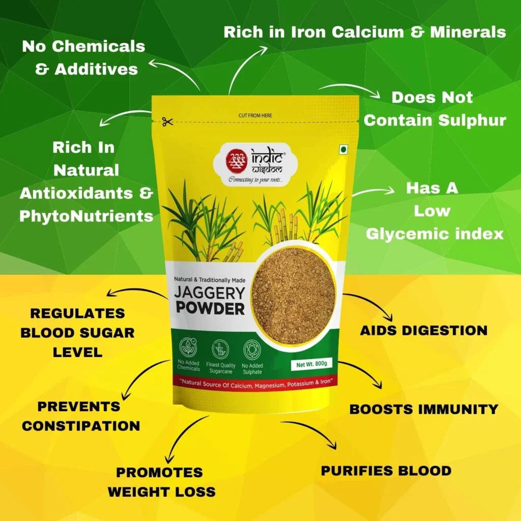 Jaggery powder packaging with health benefits on a green and yellow background