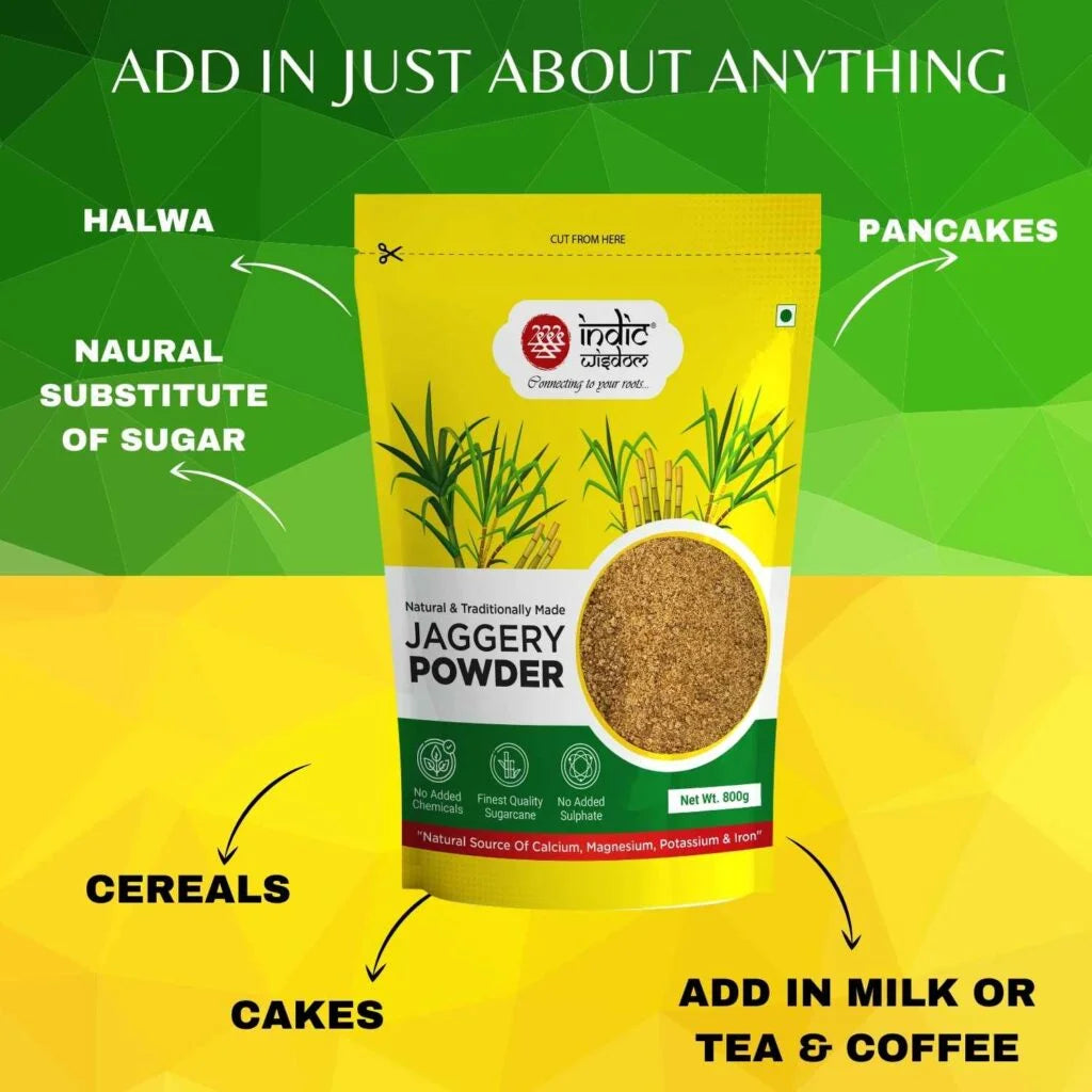 Image of Jaggery powder package with usage instructions on a green and yellow background