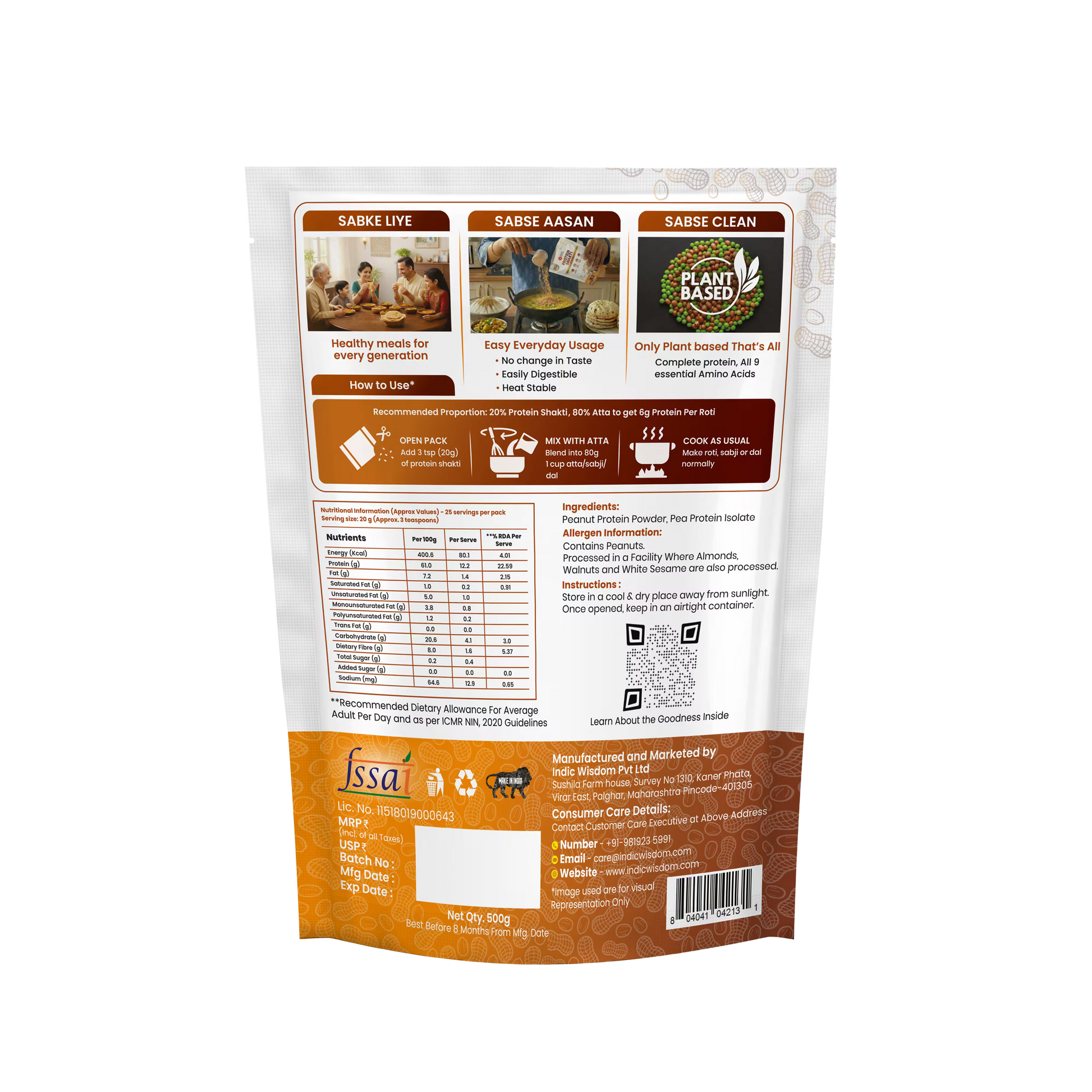 Back view of a protein powder package with branding and nutritional information.