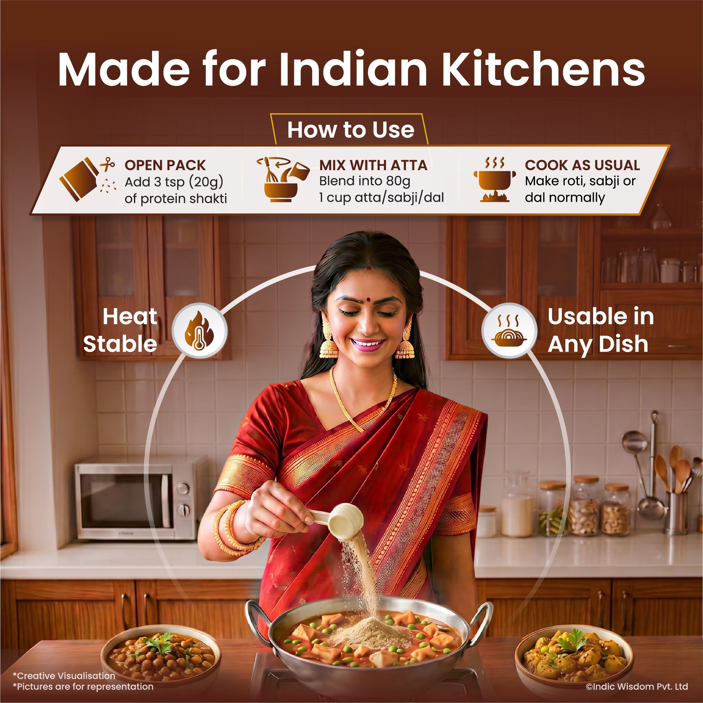 Woman in a kitchen using a product, with text about its use in Indian kitchens.