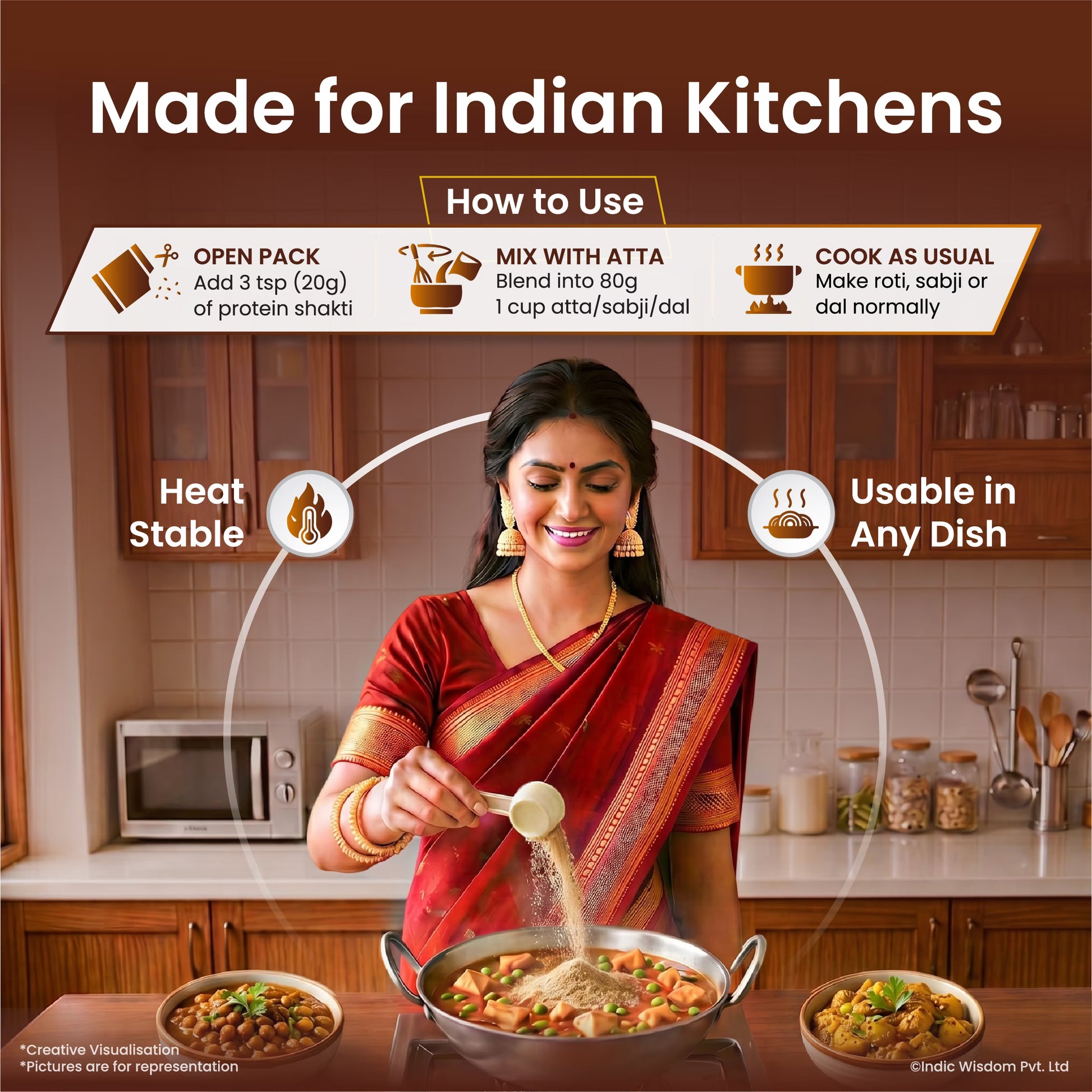 Woman in a kitchen using a product, with text about its use in Indian kitchens.