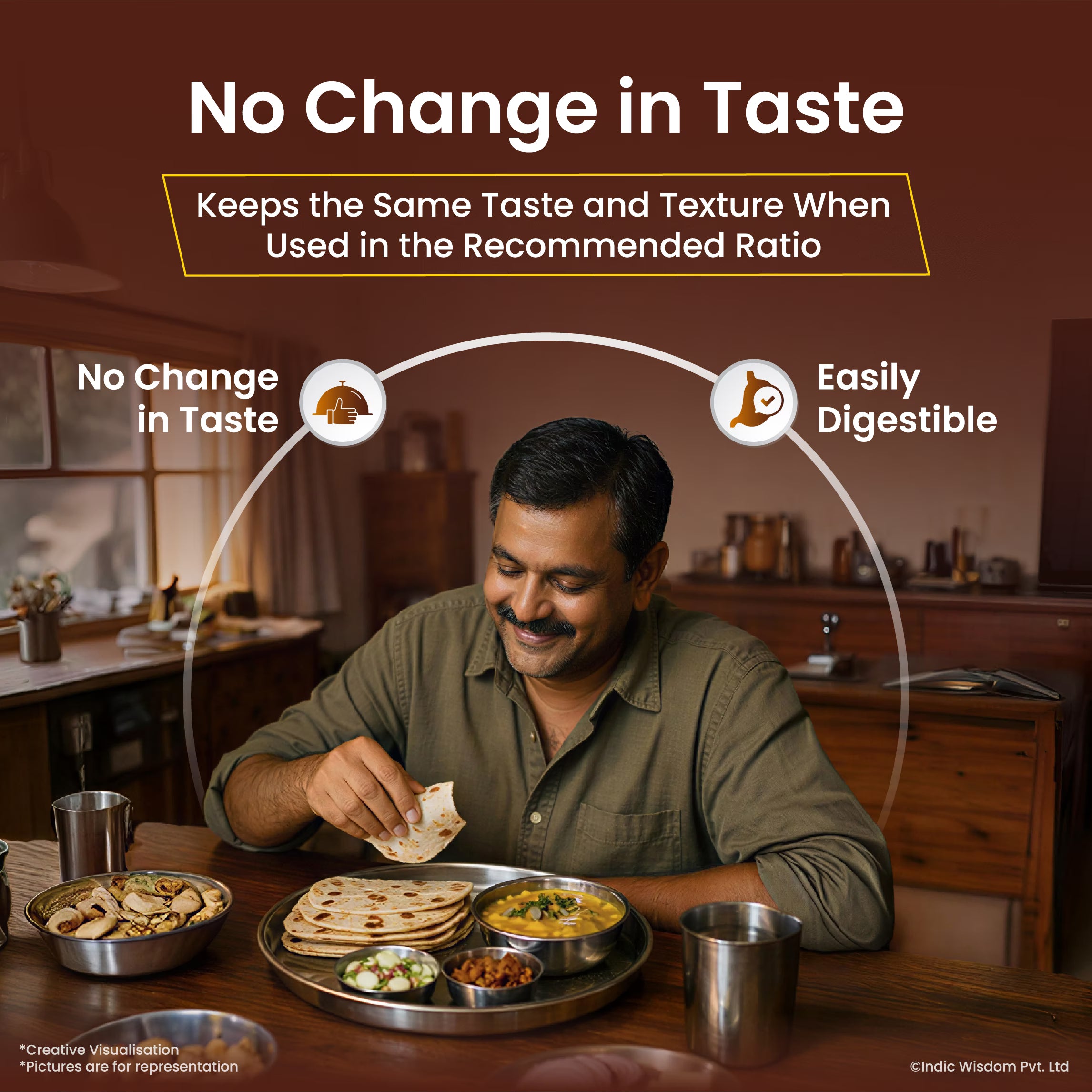 Image of Man eating a meal with text about maintaining taste and digestibility