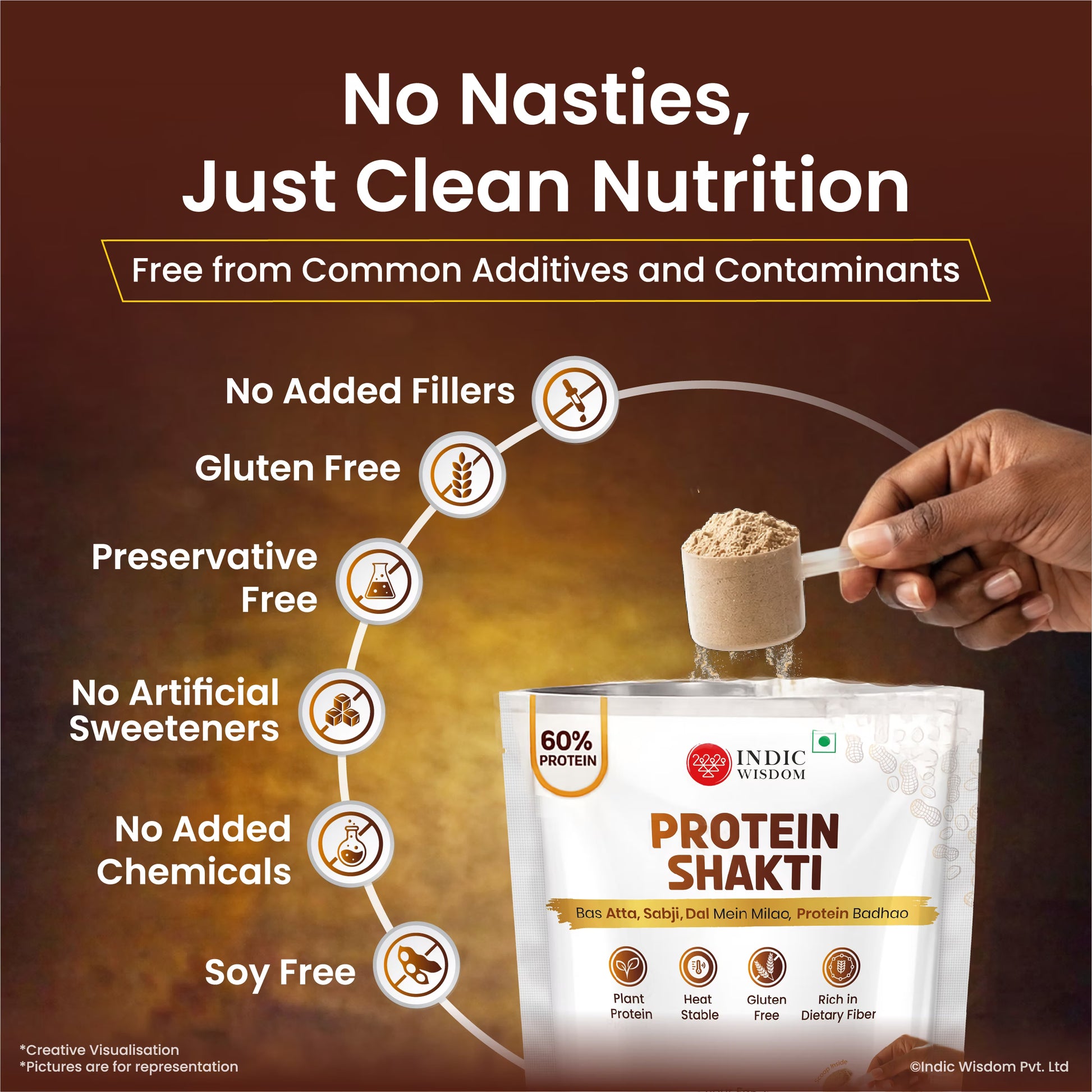Protein powder package with a hand holding a scoop, labeled 'Protein Shakti', on a brown background with text about clean nutrition.