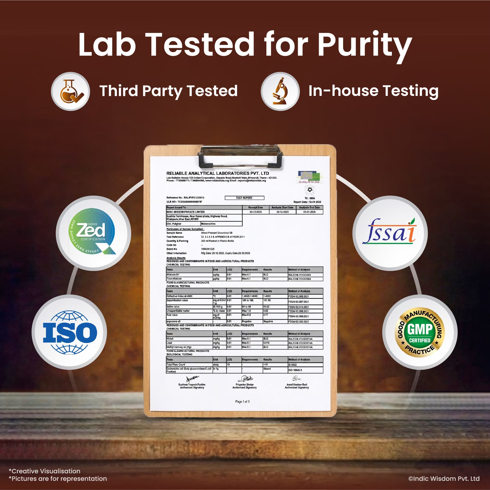 Clipboard with test results and certification logos on a wooden surface