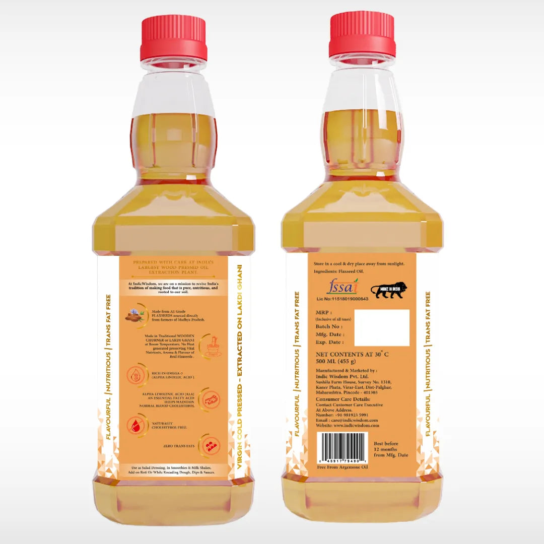 Two bottles of flaxseed oil with red caps on a white background