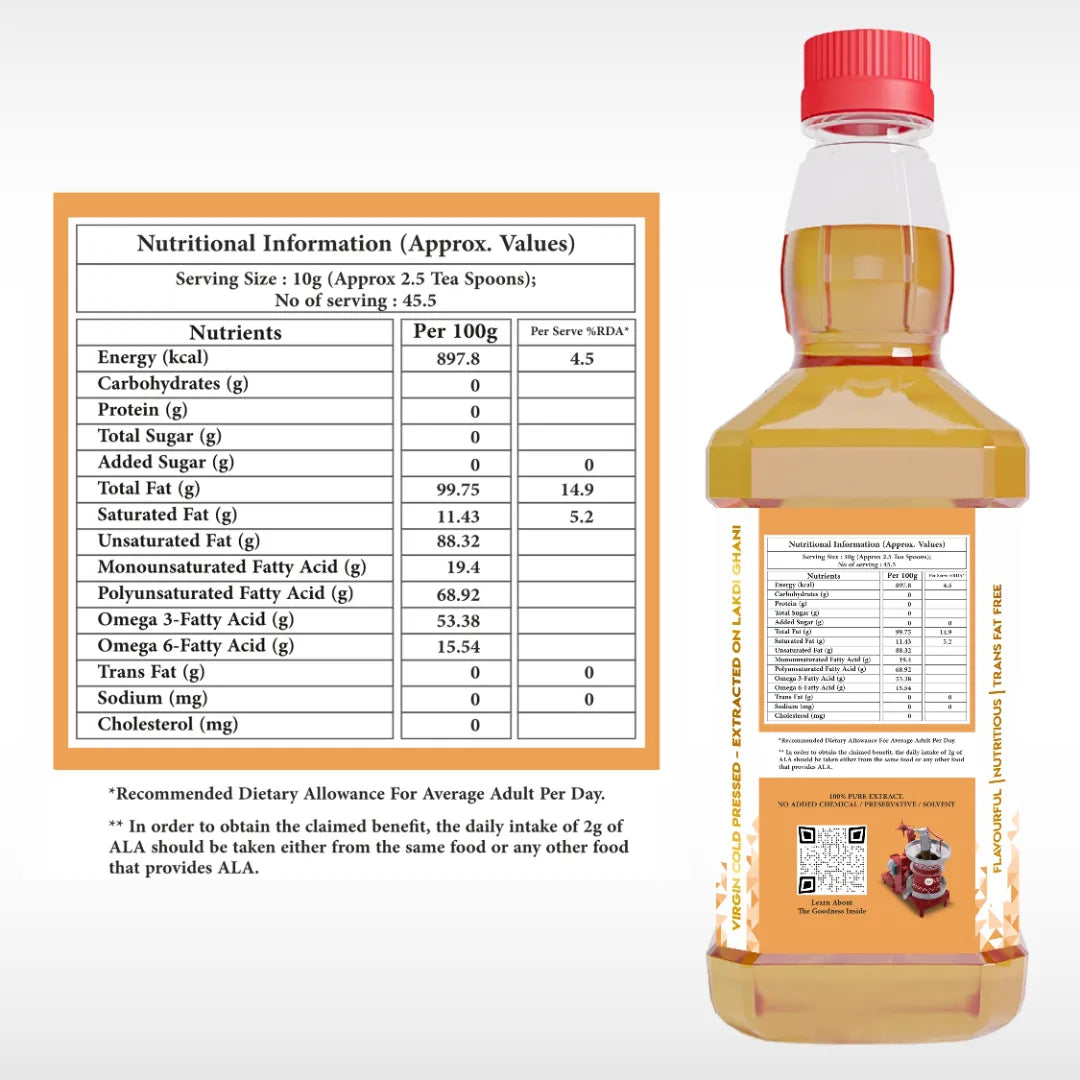 Bottle of oil with nutritional information label on a white background