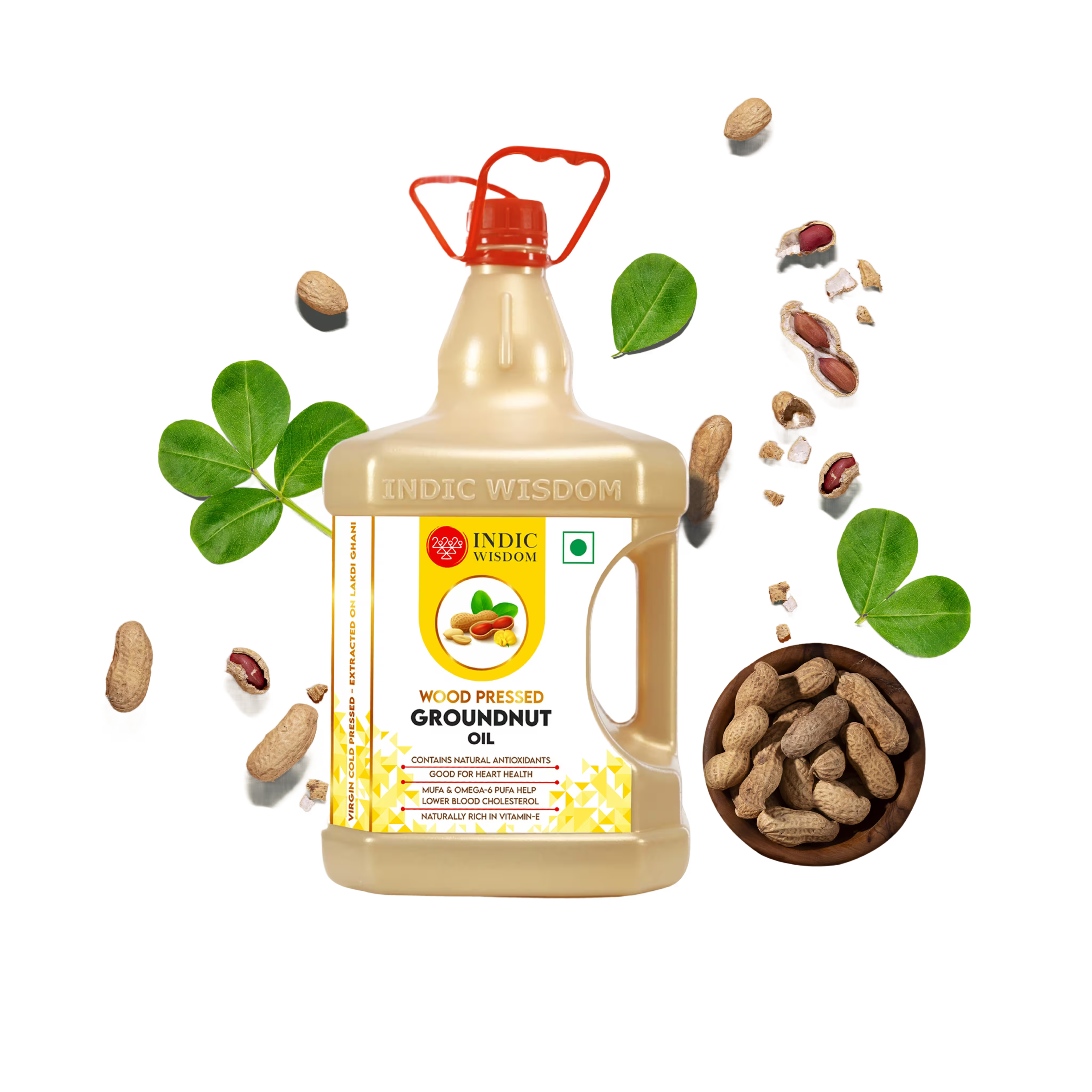 Image of Bottle of Indic Wisdom groundnut oil with groundnuts and leaves on a white background