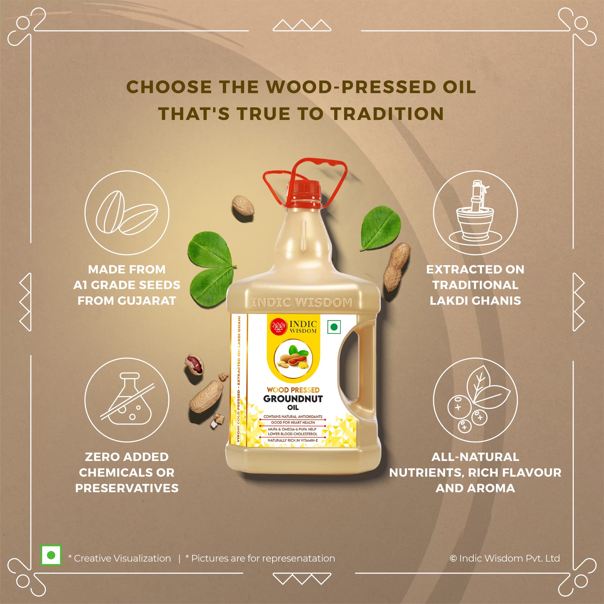 Indic Wisdom groundnut oil bottle with product features on a brown background