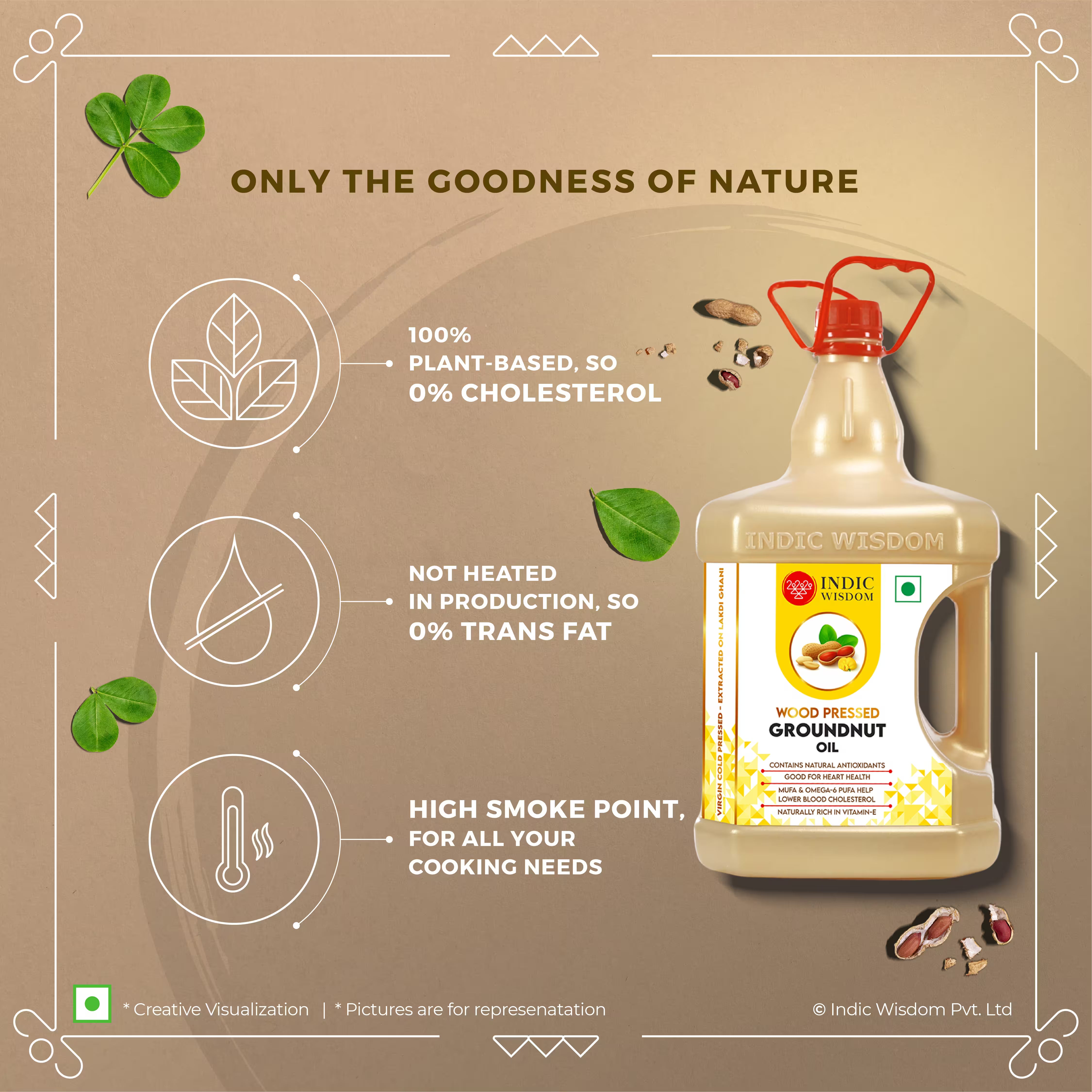 Image of Indic Wisdom groundnut oil bottle with health benefits on a brown background