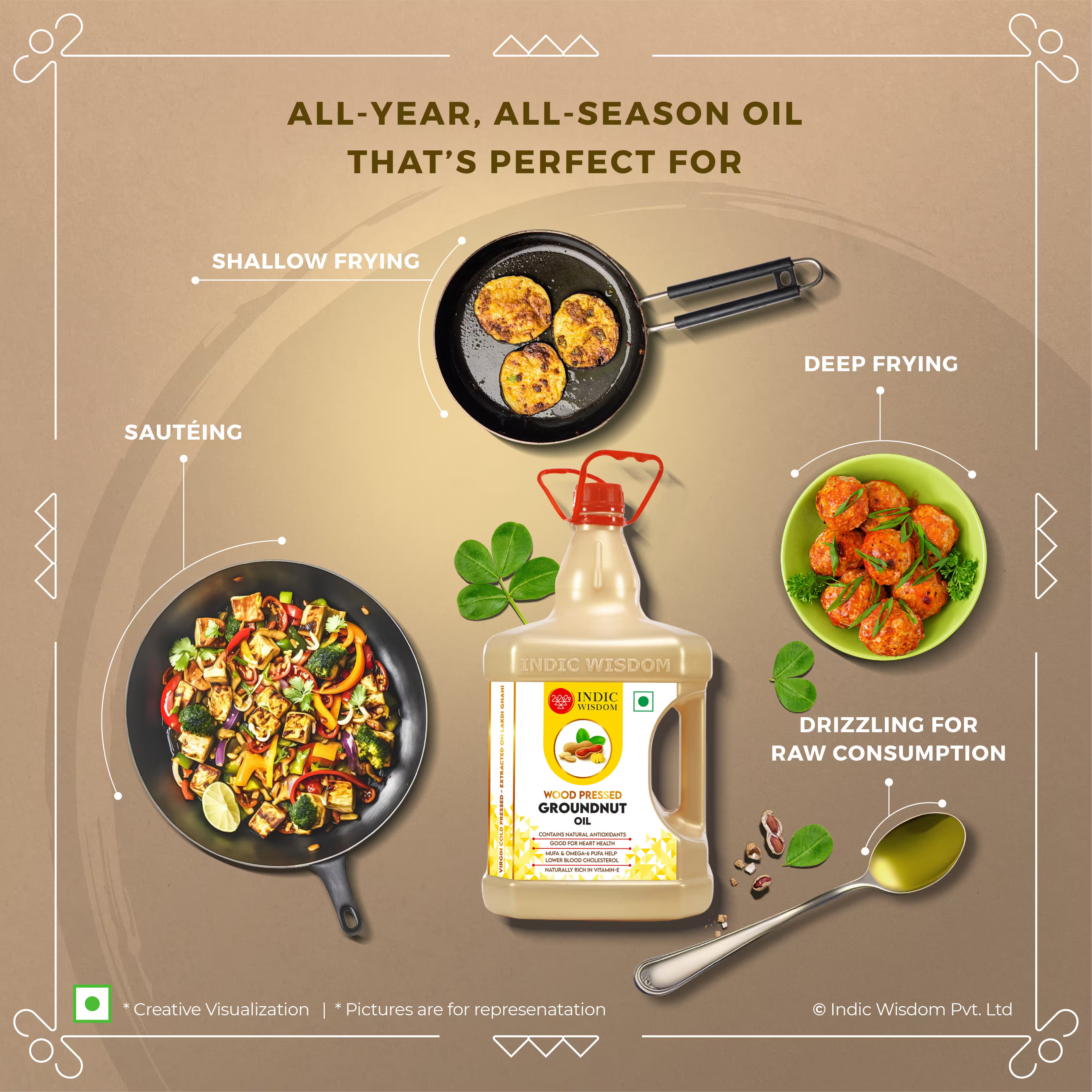 Image of Indic Wisdom groundnut oil packaging with cooking scenarios on a brown background