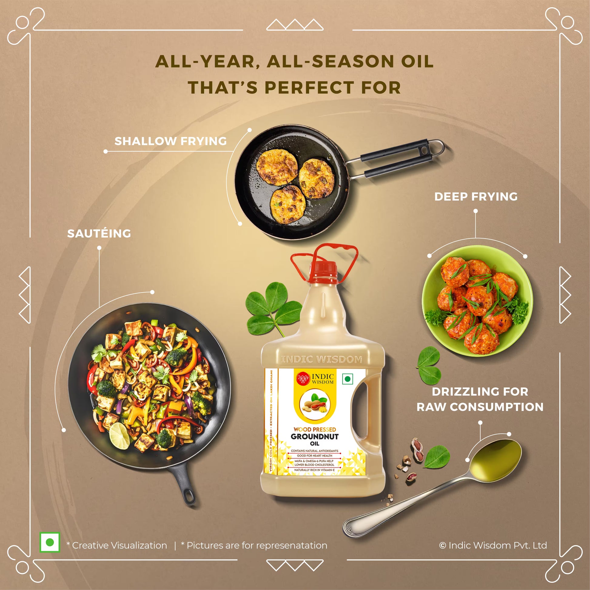 Indic Wisdom groundnut oil packaging with cooking scenarios on a brown background