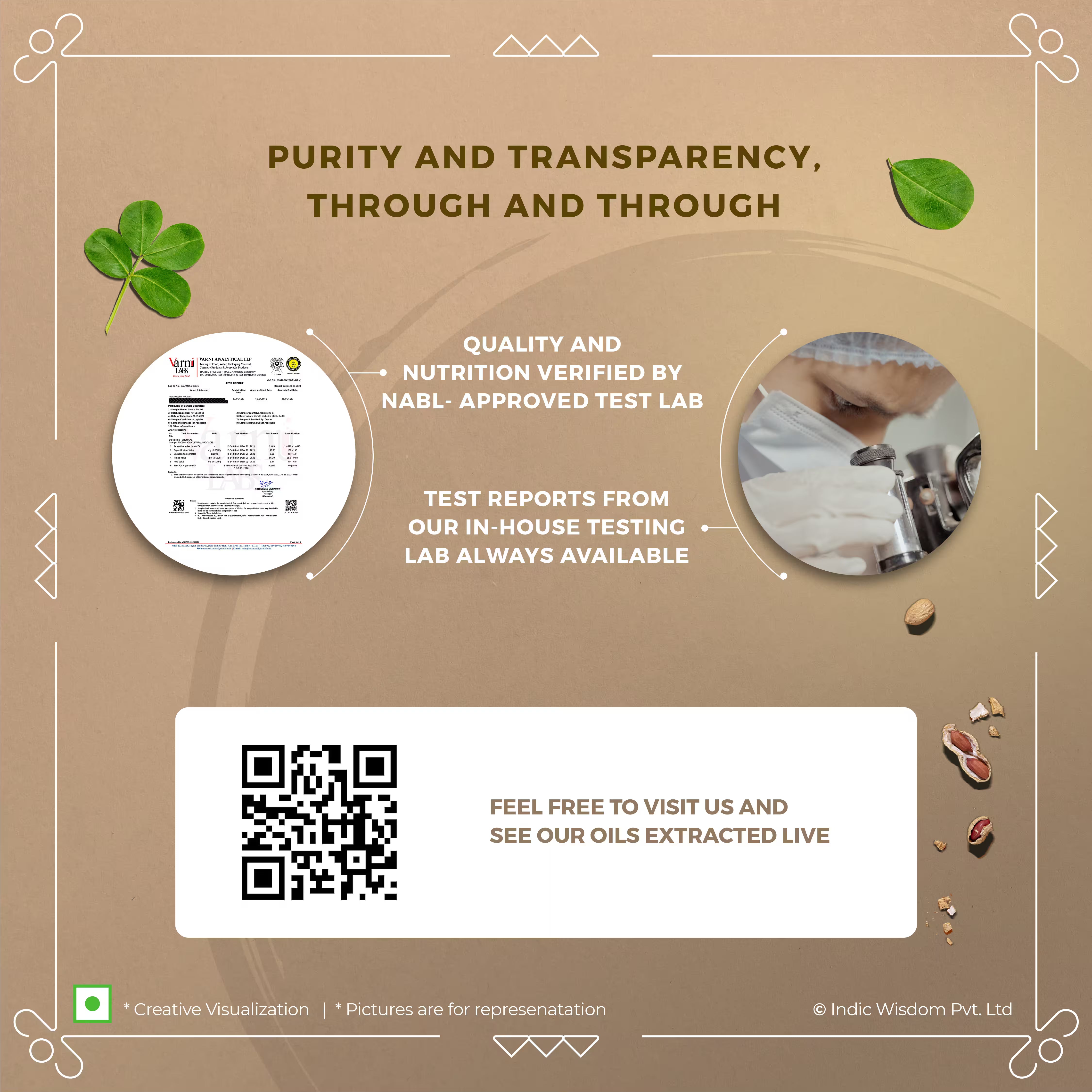 Image of Promotional graphic with text about purity, transparency, and quality verification by a test lab on a brown background.