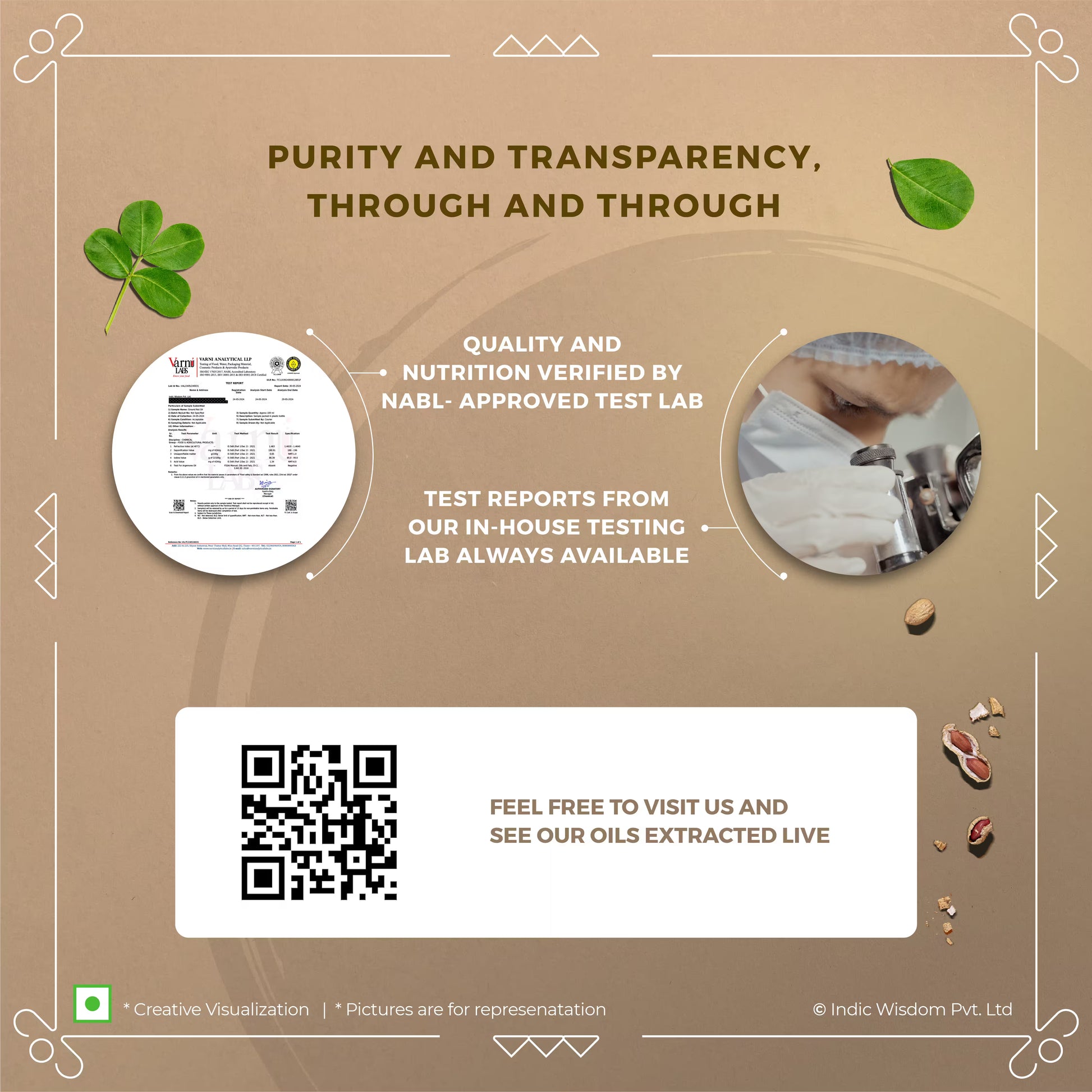 Promotional graphic with text about purity, transparency, and quality verification by a test lab on a brown background.