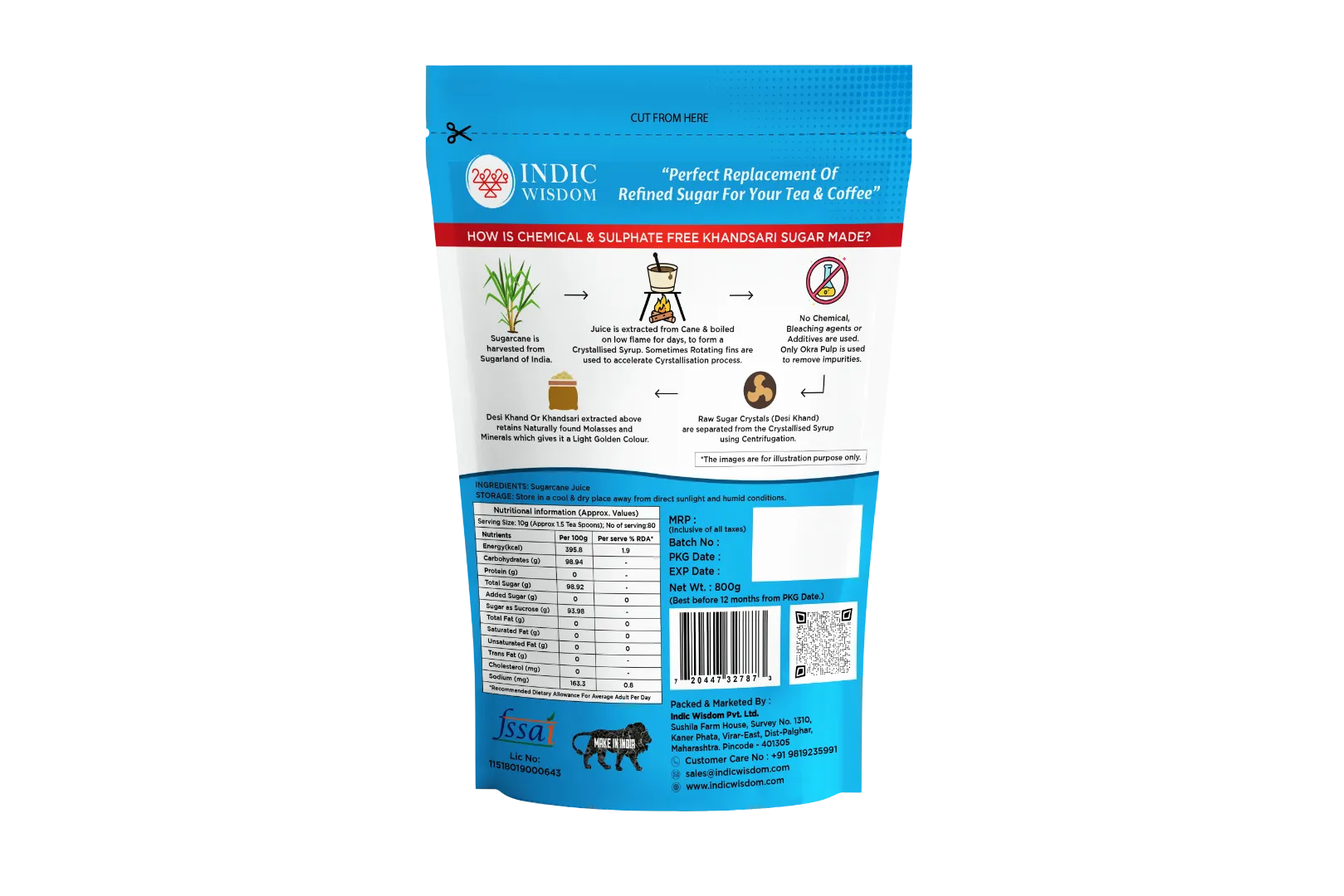 Blue package with white text and graphics on a white background