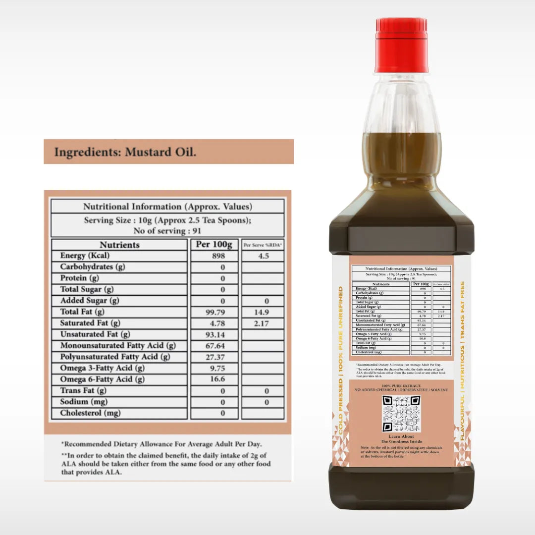 Image of Bottle of mustard oil with nutritional information label on a white background