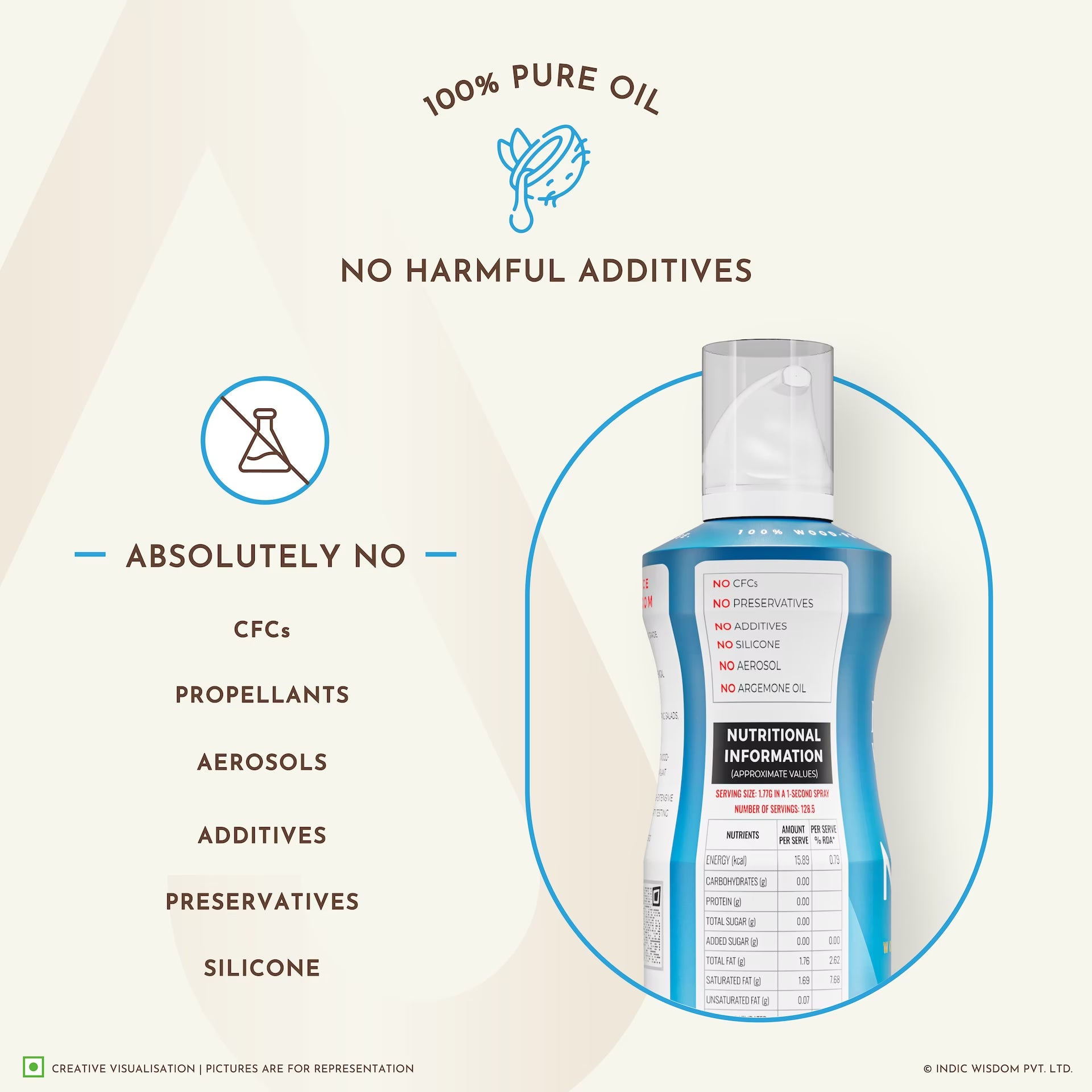 Image of Bottle of 100% pure oil with no harmful additives on a beige background
