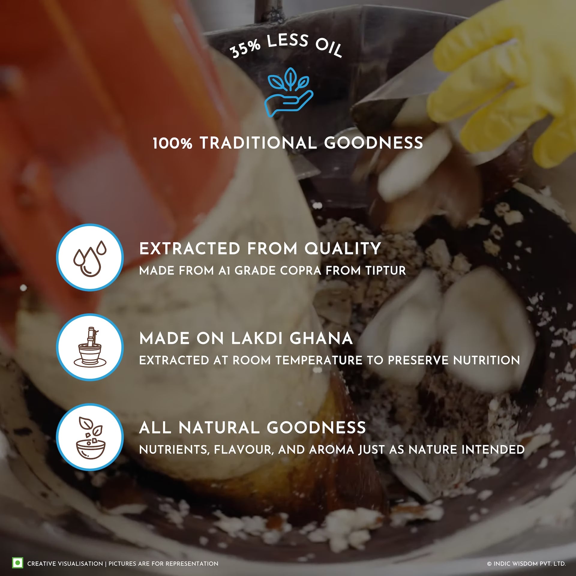 Image of Product packaging with text highlighting '35% Less Oil' and '100% Traditional Goodness'.