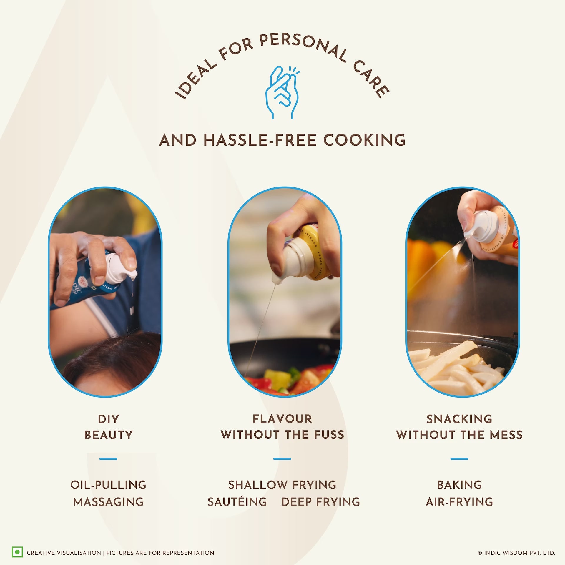 Product advertisement showing uses for personal care and cooking.