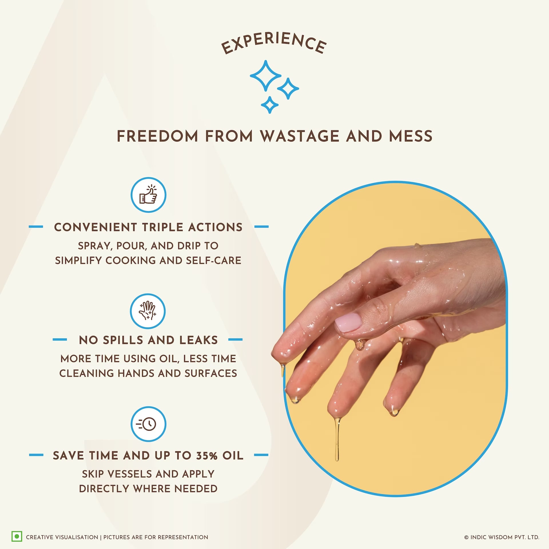 Product advertisement with text about convenience, no spills, and time-saving features on a light background.