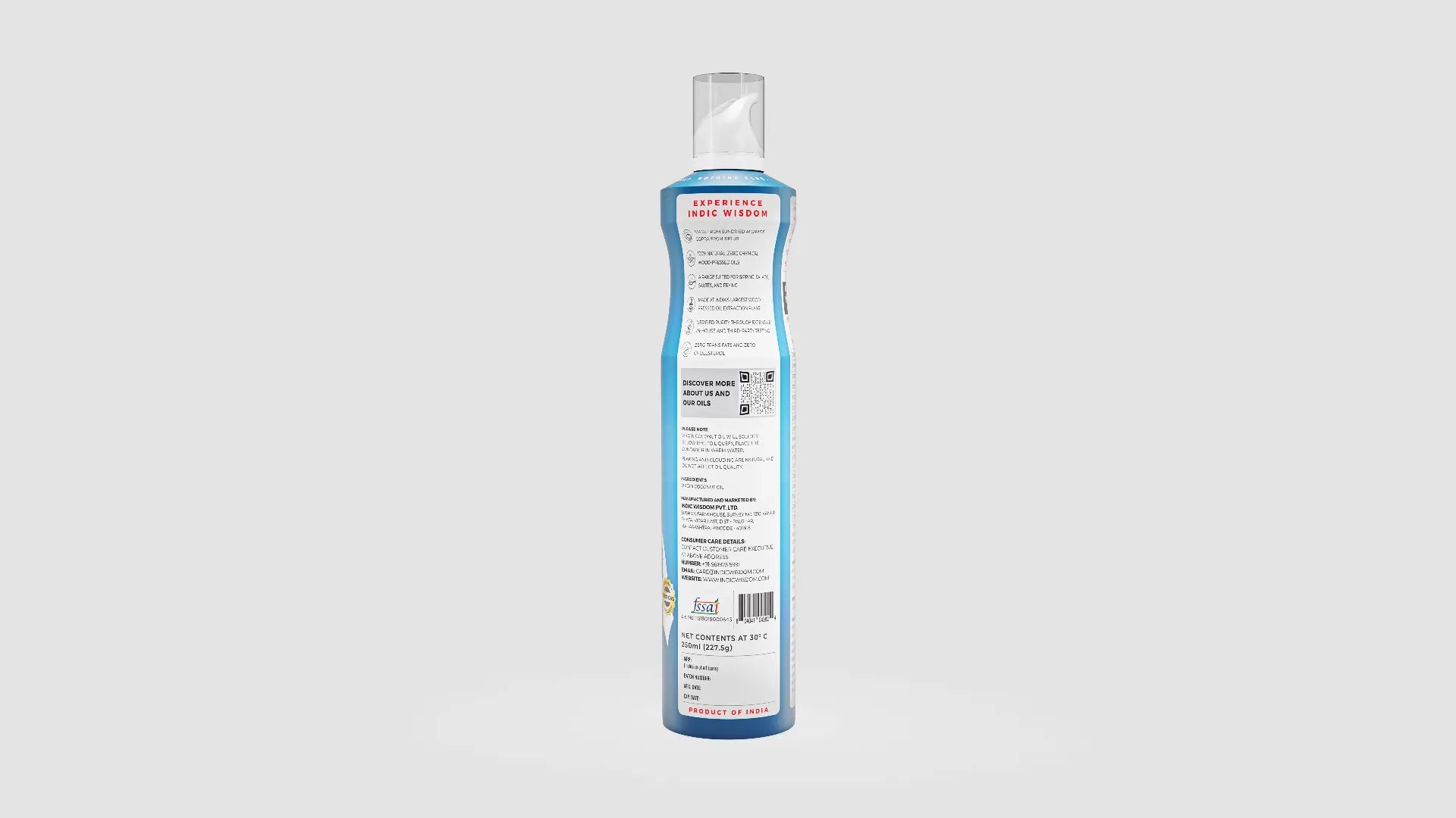 Image of Blue bottle with label on a white background