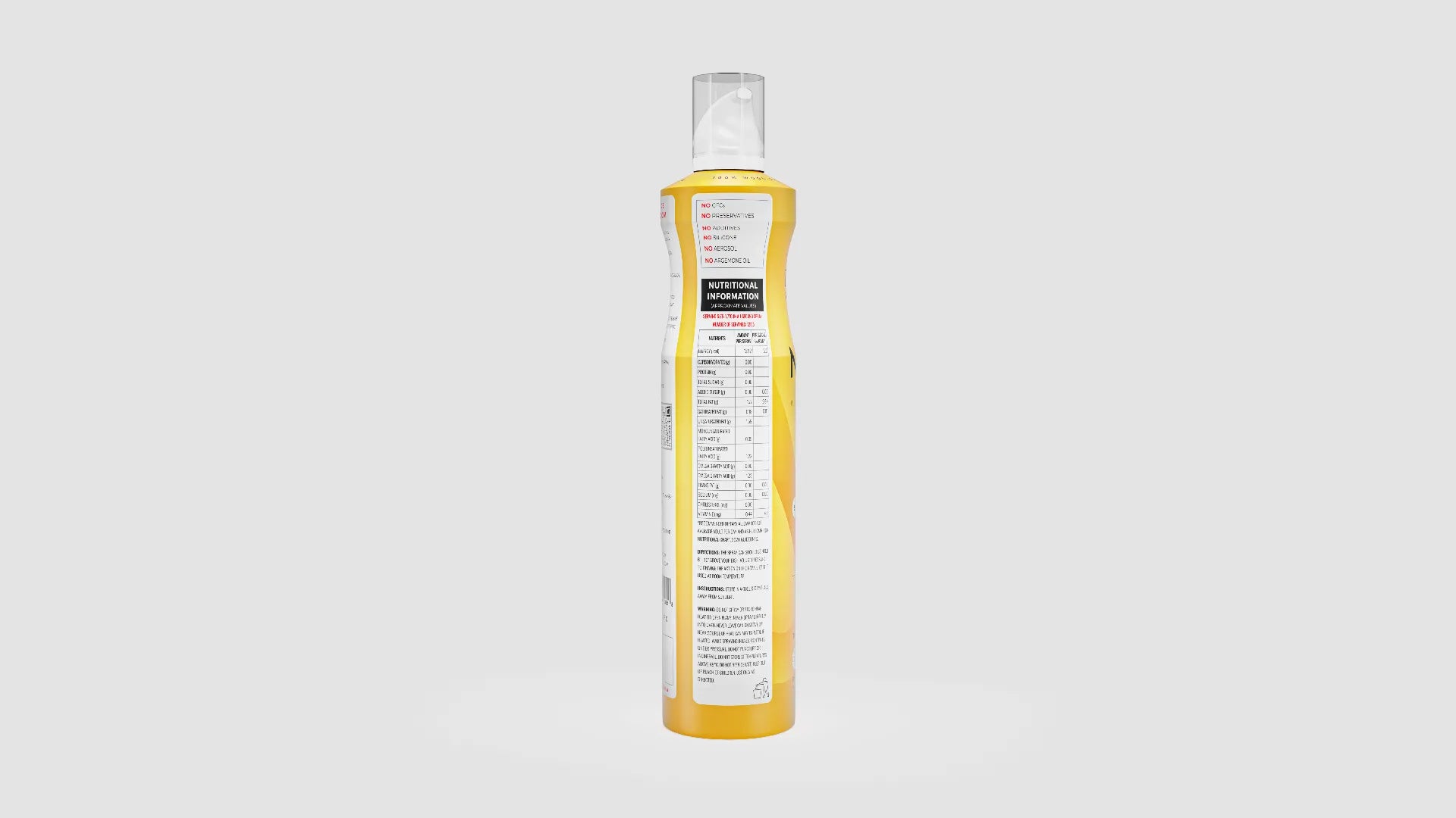 Yellow oil spray bottle with a label on a white background