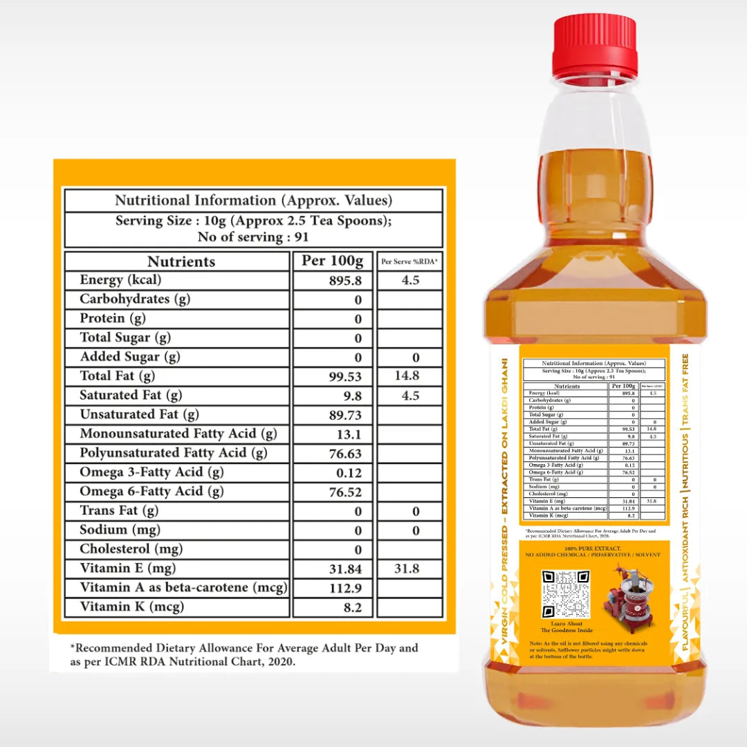 Bottle of oil with nutritional information label on a white background