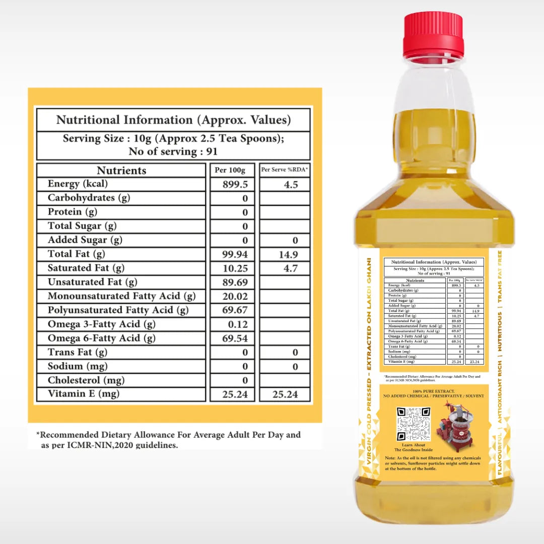 Image of Bottle of oil with nutritional information label on a white background