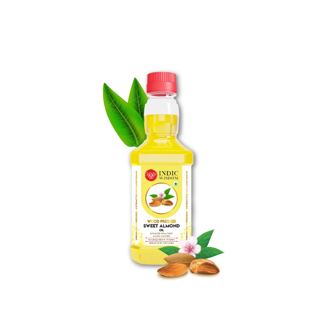 Image of Bottle of Indic Wisdom Sweet Almond Oil with almond and leaf graphics on a white background