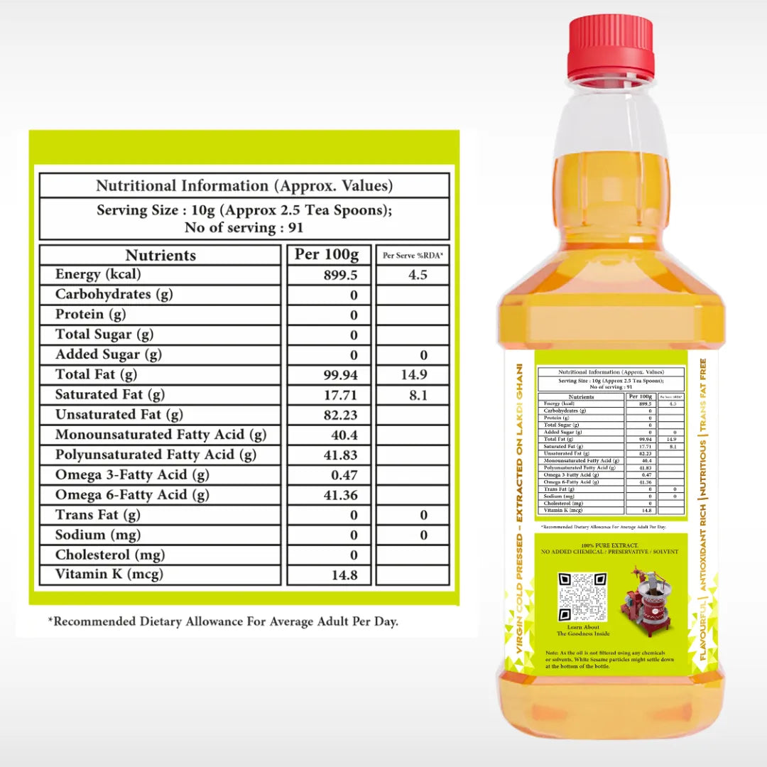Image of Bottle of oil with nutritional information label on a white background